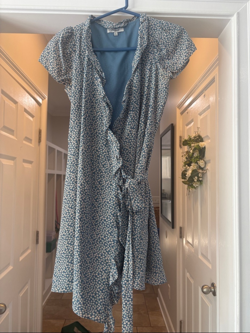 Madewell Blue Floral Wrap Dress with Ruffle Detail